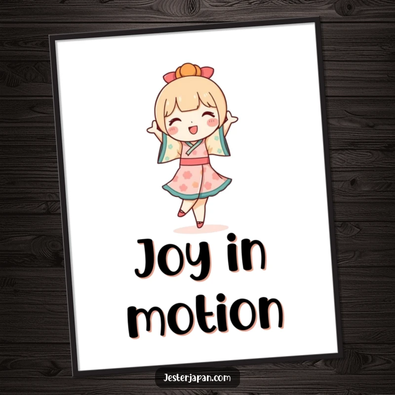 Funny Kokeshi Doll Poster: Artistic print of a cute Kokeshi doll character performing a joyful pirouette, adding charm to decor.