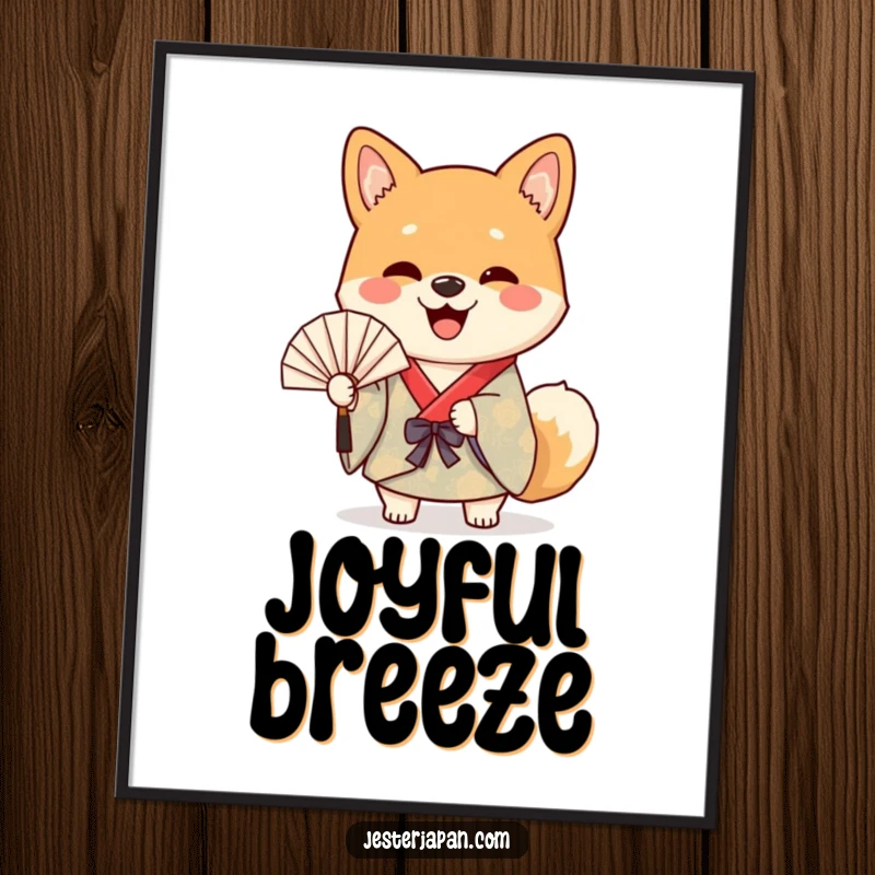 Funny poster art of a cheerful Shiba dog in a colorful kimono, happily waving a paper fan, a vibrant and amusing piece.