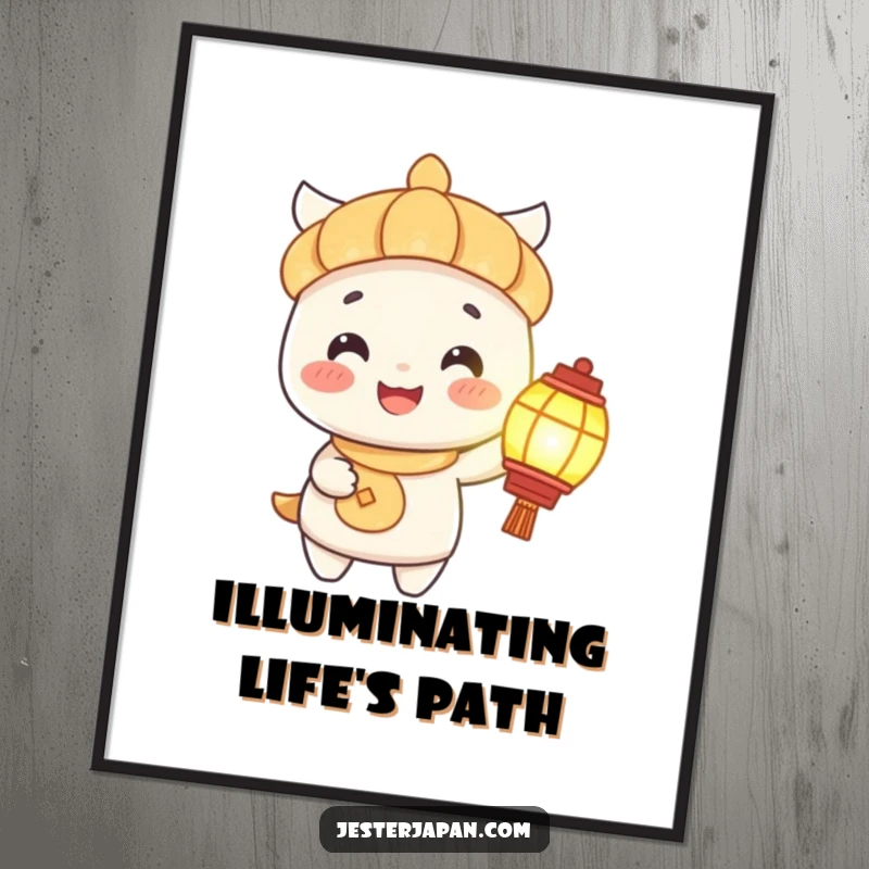Funny Poster: A character joyfully holds a lantern, its happy face lit up, creating a cheerful and inviting wall art.