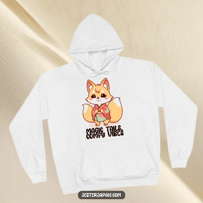 Funny Kitsune Kimono Hoodie depicting a joyful nine-tailed fox in elegant kimono attire, its numerous tails adding a whimsical touch.