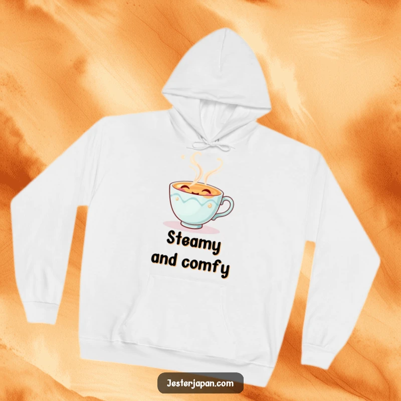 Funny hoodie featuring a delightful tea cup character joyfully exhaling imaginary steam with a contented sigh, perfect for chilly days.