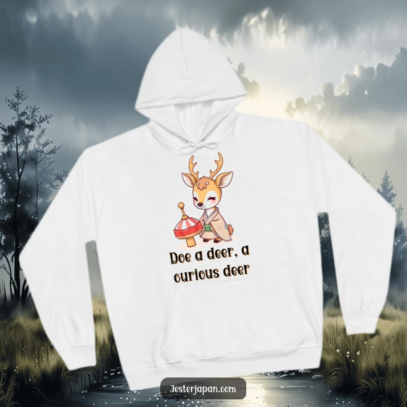 Funny Deer Kimono Hoodie: A shy deer in a traditional kimono looks with gentle curiosity at a spinning top, a cozy and humorous apparel.