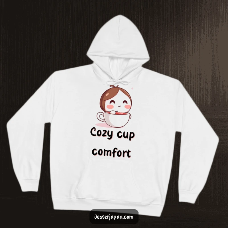 Funny hoodie depicting a round Kawaii character blissfully sipping a hot beverage, perfect for chilly days.
