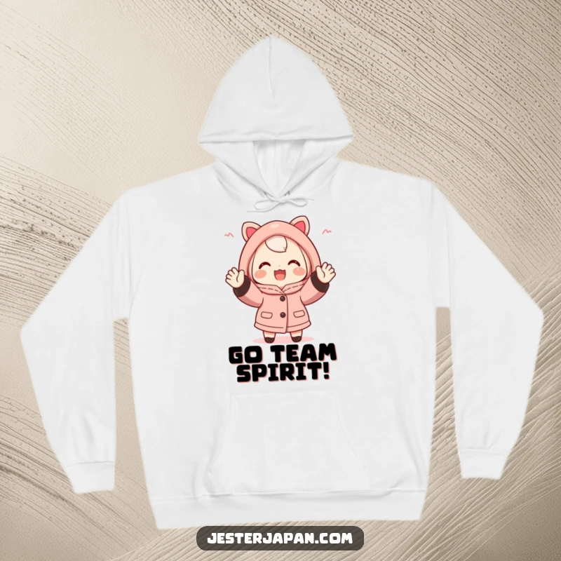 Funny Happi Coat Hoodie: Cozy hoodie with a cute character in a happi coat, enthusiastically cheering with both hands raised, perfect for game days.