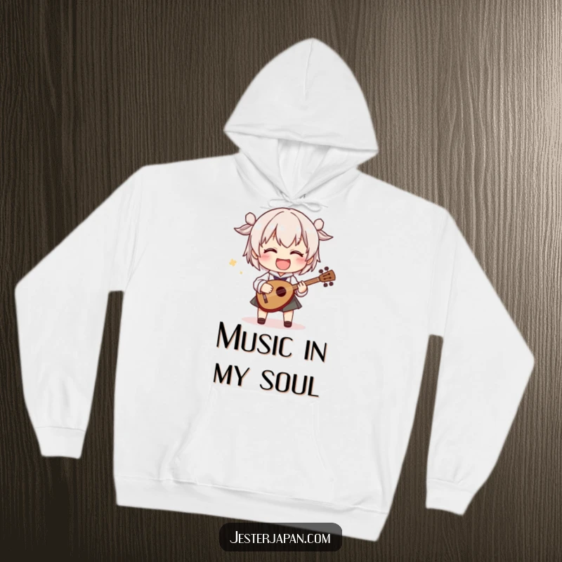 Funny hoodie showing a smiling character energetically playing a miniature shamisen with comically exaggerated movements, perfect for cozy jam sessions.