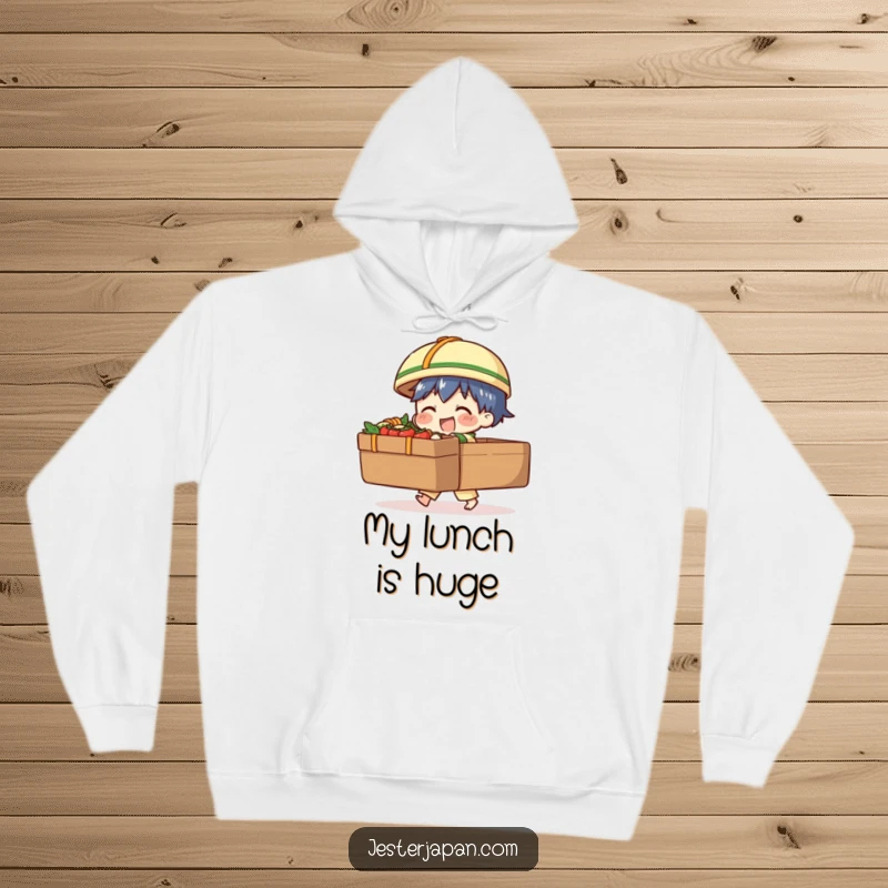 Funny hoodie depicting a character comically struggling with an oversized bento box, perfect for cozy days and humorous celebrations of food.