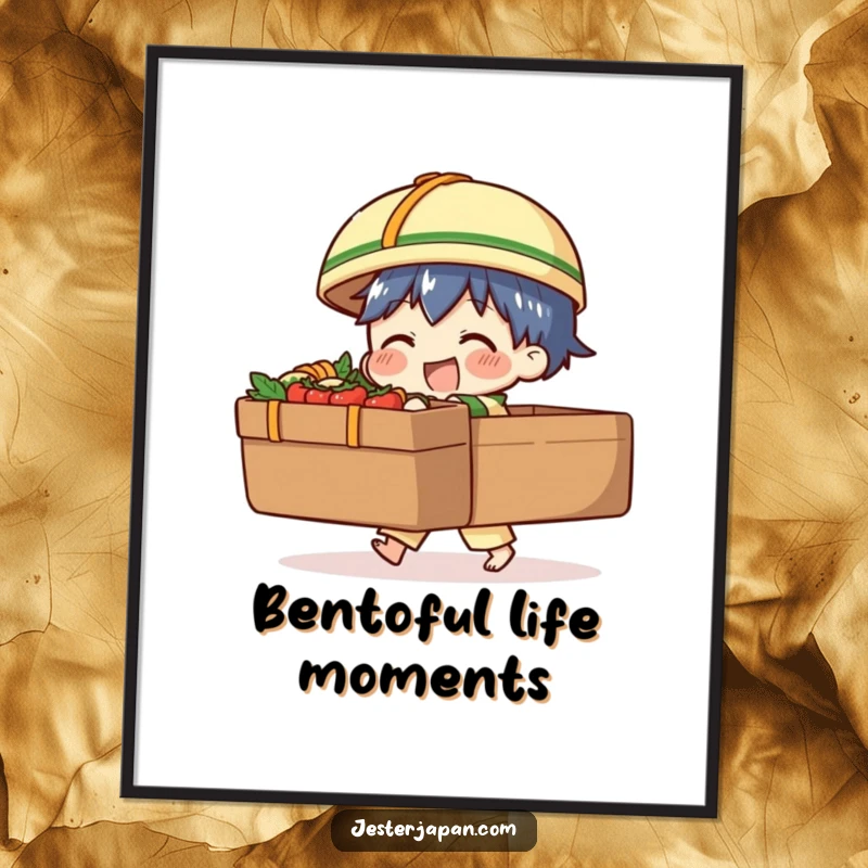 Funny Free Printable Wall Art: Character comically struggling to carry an oversized bento box, adding quirky decor.