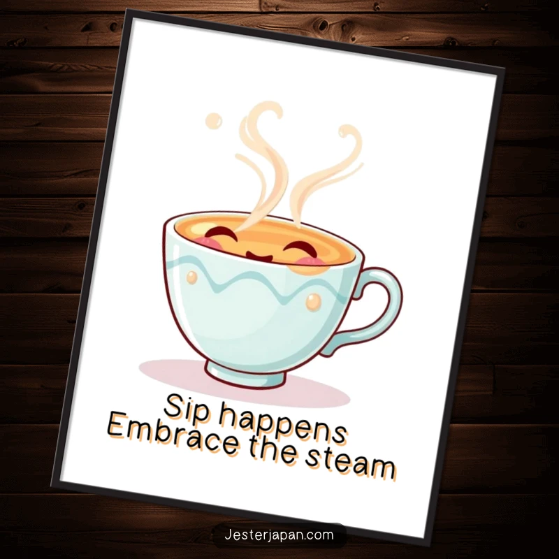 Funny Free Printable Wall Art: Playful tea cup character exhaling pretend steam with a happy sigh, humorous, lighthearted downloadable art.