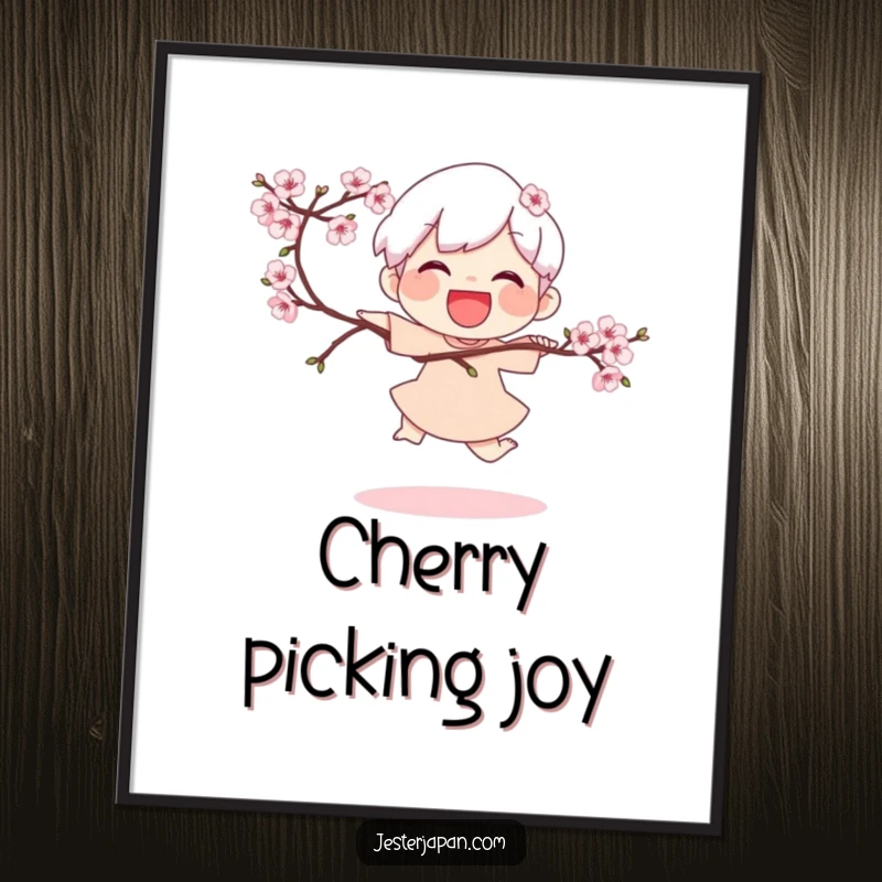 Free Printable Wall Art: A joyful character hops energetically, holding a branch covered in delicate, blooming cherry blossoms.