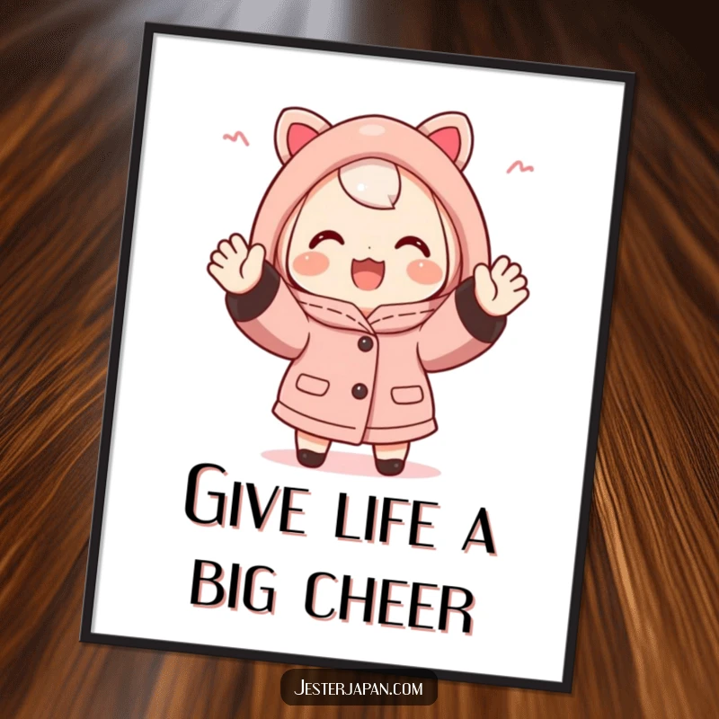 Funny Free Printable Wall Art: Lively character in a traditional Japanse happi coat, cheering with both arms up.