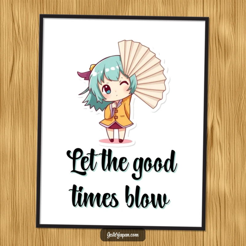 Funny Free Printable Wall Art: Small character wielding a giant fan, powerfully creating a dramatic gust of wind.
