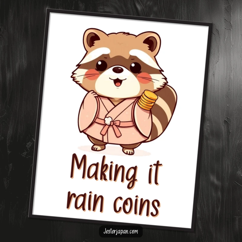 Funny Free Printable Wall Art: A playful Tanuki in a kimono, clutching stacked coins, radiating luck.