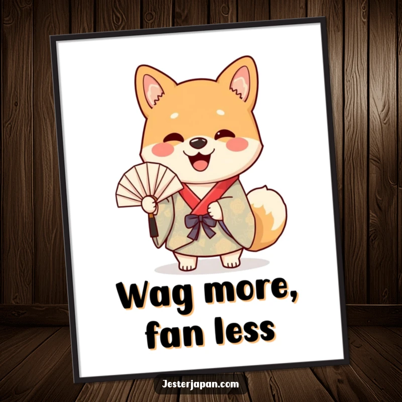 Funny free printable wall art of a cheerful Shiba dog in a kimono happily waving a paper fan, bringing good vibes.