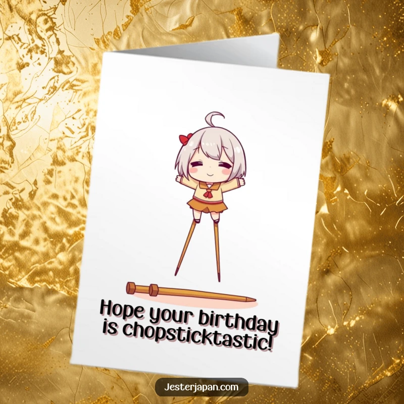 Funny free printable birthday card featuring a character hilariously balancing on stilts made from chopsticks. Whimsical and celebratory design.