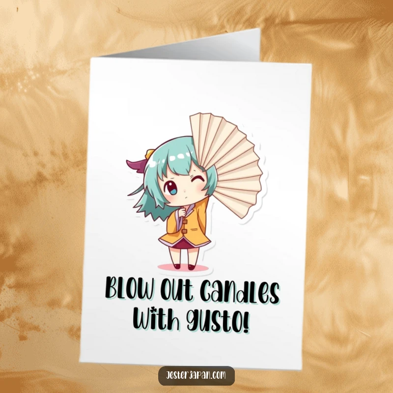 Funny Free Printable Birthday Card: Small character dramatically uses a giant fan to create a gust of wind, celebrating.