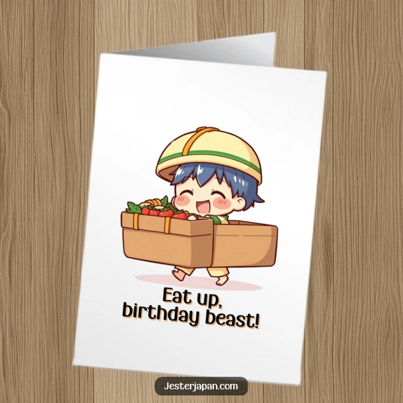 Funny Free Printable Birthday Card: Character comically struggling to carry a huge bento box, wishing happy birthday with humor.