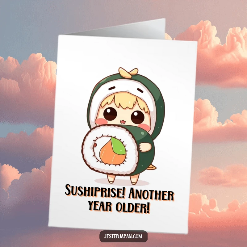 Funny Free Printable Birthday Card: Character gasps holding a giant sushi roll, perfect for a foodie's special day.