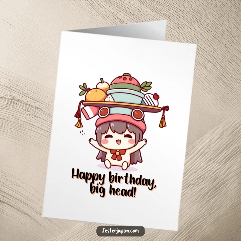 Funny Free Printable Birthday Card featuring a cute Kawaii character precariously balancing multiple items on its head with a determined grin.