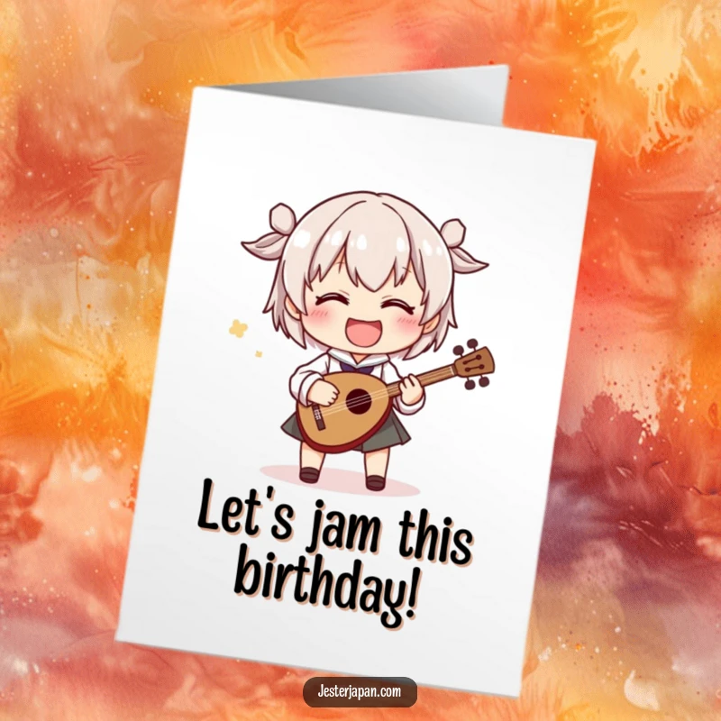 Funny Free Printable Birthday Card: Smiling character playing a tiny shamisen with wild, exaggerated movements for a birthday jam.