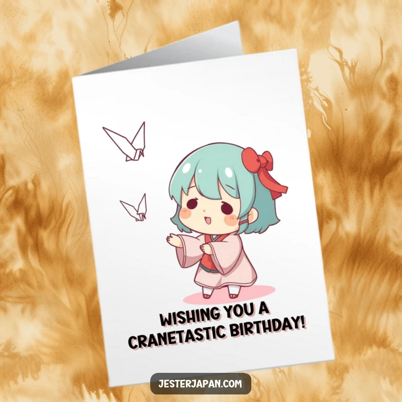 Funny free printable birthday card featuring a character playfully tossing a miniature origami crane. Celebrate with whimsical charm.
