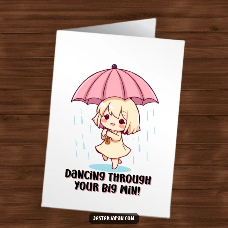 Funny Free Printable Congrats Card: Small character with umbrella, dancing in rain, signifying happy celebration.