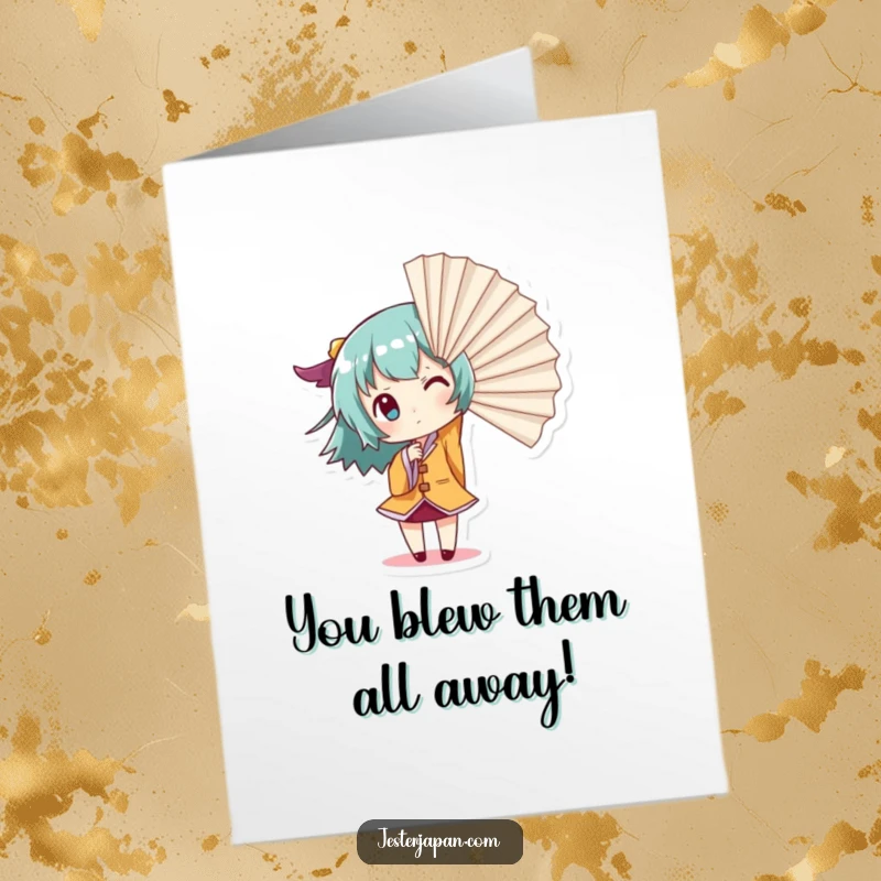 Funny Free Printable Congrats Card: Character with giant fan, creating wind, celebrating achievement dramatically.