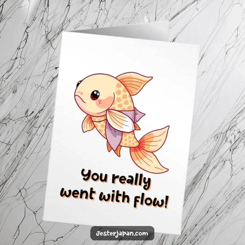 Funny Free Printable Congrats Card: A serene Koi fish in a flowing kimono, swimming gracefully, celebrating success.