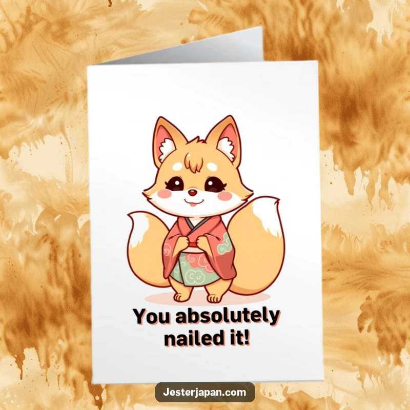 Funny Free Printable Congrats Card: A happy Kitsune in a kimono with multiple wagging tails, celebrating success.