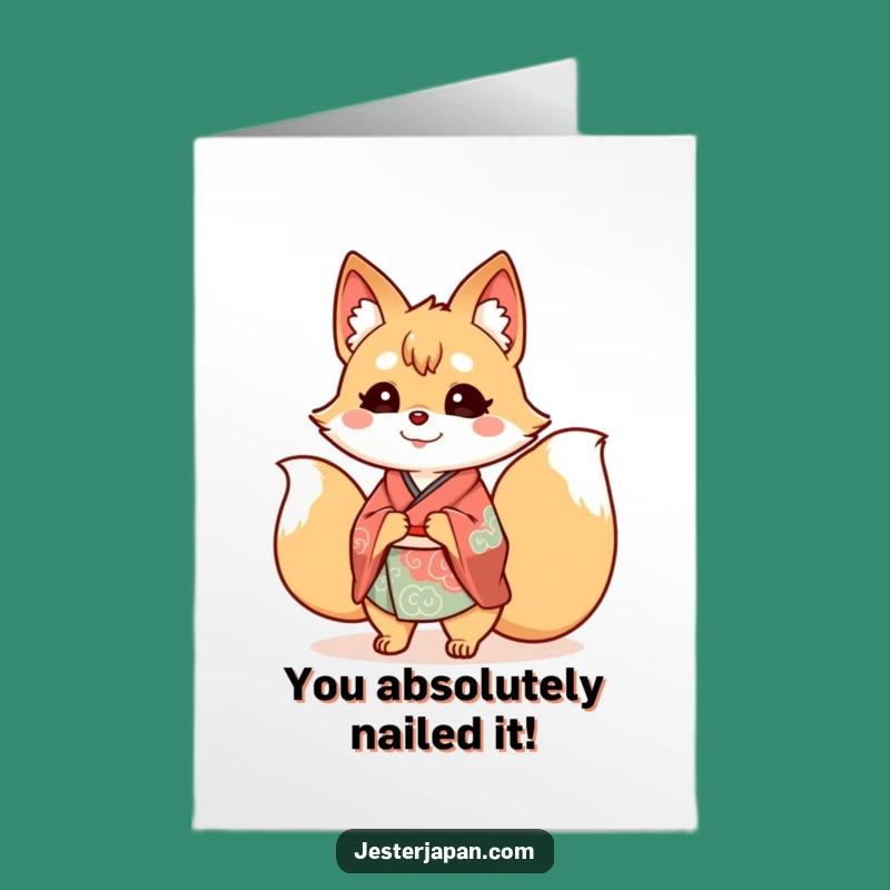 Free Printable Congrats Card: Joyful Kitsune with Tails, Ideal Downloadable Gift