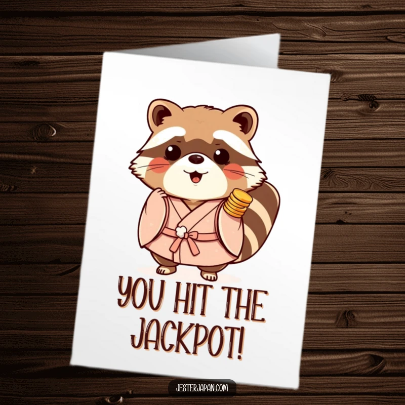 Funny Free Printable Congrats Card: A playful Tanuki in a kimono, holding many stacked coins, celebrating wealth.
