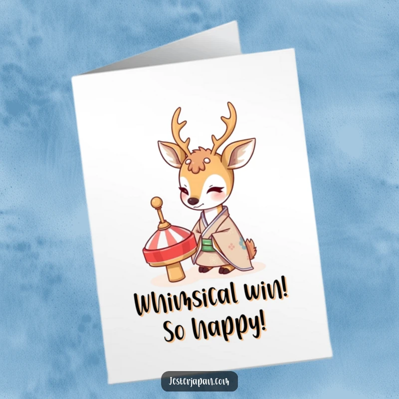 Free Printable Congratulations Card: A shy deer in a kimono gazes curiously at a spinning top, conveying gentle celebration.
