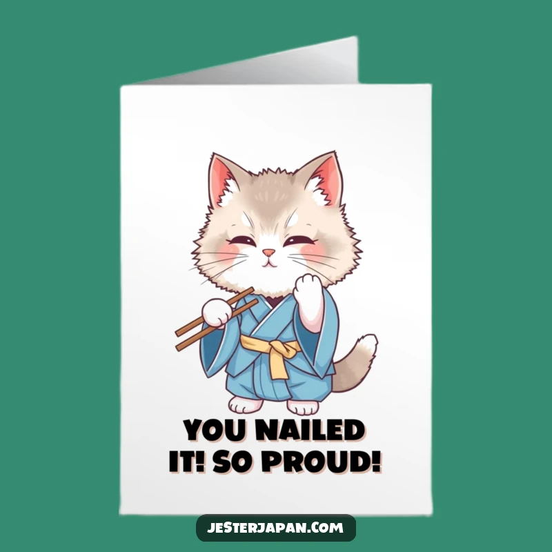 Free Printable Congrats Card: Fluffy Kimono Cat Fails Chopsticks - Funny DIY Celebration!