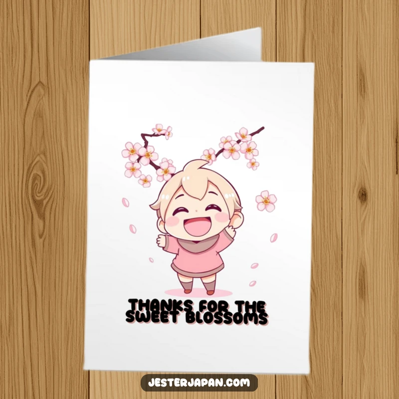 Free Printable Thank You Card: Character with a big smile tries to catch delicate falling cherry blossoms.