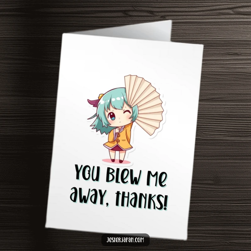 Funny Free Printable Thank You Card: Cute character with a giant fan, dramatically creating a strong wind, showing thanks.