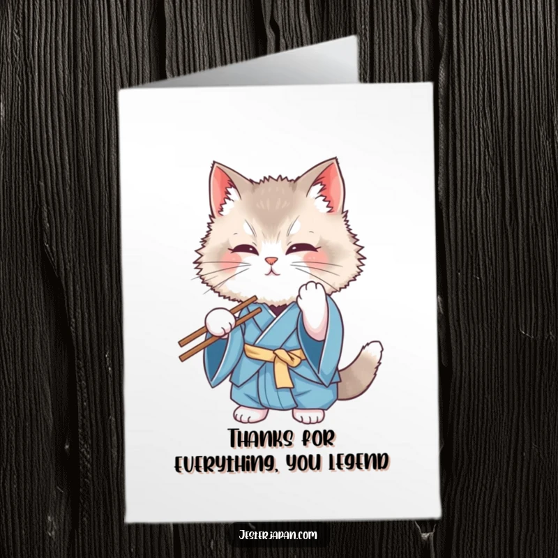 Funny Free Printable Thank You Card: A fluffy cat in a blue kimono humorously battles chopsticks, a unique way to say thanks.