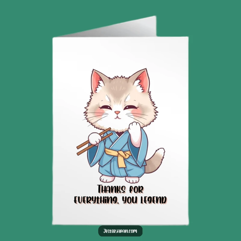 Free Printable Thank You Card: Fluffy Kimono Cat Fails Chopsticks - Funny DIY Gratitude!