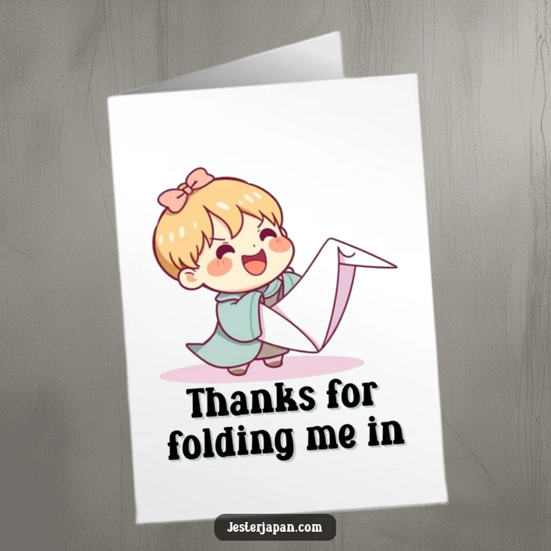 Funny Free Printable Thank You Card: Kawaii character joyfully attempting to fold a ridiculously large origami crane, saying thanks.