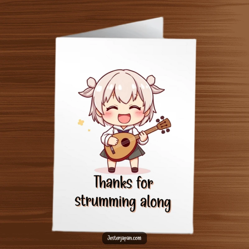 Funny Free Printable Thank You Card: Smiling character playing a tiny shamisen with dramatic flair, sending thanks musically.