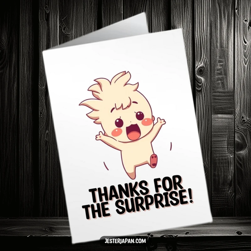 Funny Free Printable Thank You Card: A surprised character jumping back from a suddenly appearing, graceful origami crane.
