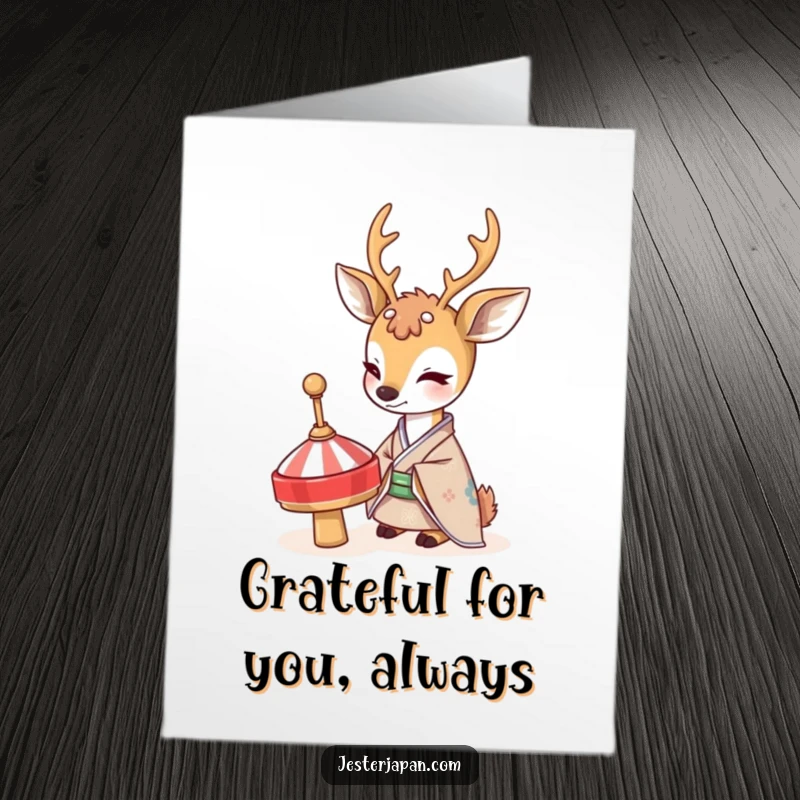 Free Printable Thank You Card: A shy deer in a kimono curiously observes a spinning top, a sweet way to express thanks.