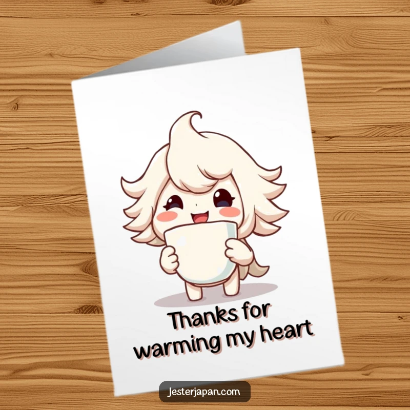 Funny free printable thank you card of a smiling character holding a warm, steaming cup. Express gratitude with a cheerful touch.