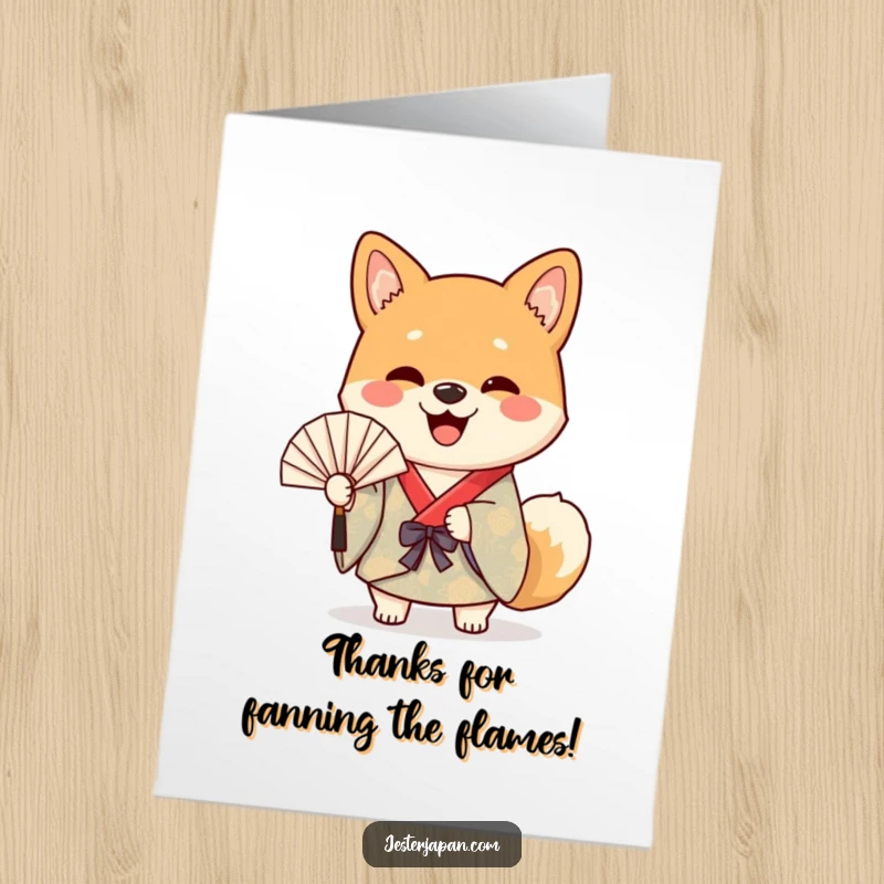 Funny free printable thank you card with a cheerful Shiba dog in a kimono waving a paper fan, conveying heartfelt thanks.