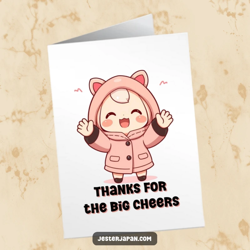 Funny Free Printable Thank You Card: Cheerful character in happi coat, cheering with both hands, showing gratitude.