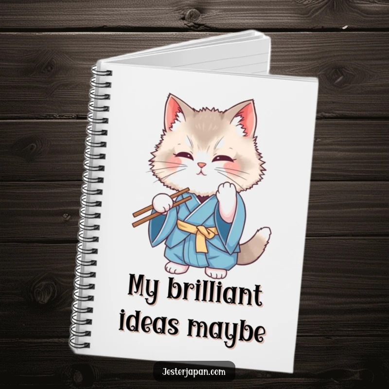 Funny Cat Kimono Notebook: A fluffy cat in a blue kimono comically fumbles with chopsticks, perfect for jotting down funny notes or ideas.