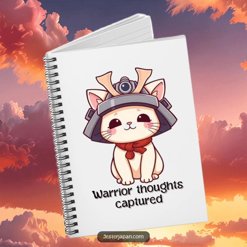 Funny Kawaii cat samurai notebook featuring a cute character wearing a tiny samurai helmet, perfect for jotting down notes and plans.