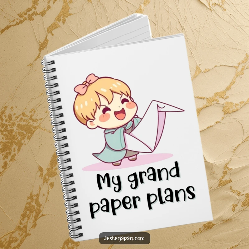 Funny Kawaii notebook showing a character attempting to fold a massive origami crane, perfect for jotting down ambitious ideas with a humorous spirit.