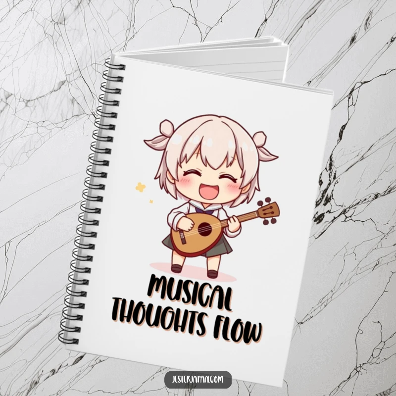 Funny notebook showing a character playing a miniature shamisen with exaggerated movements, perfect for jotting down musical ideas with a humorous spirit.