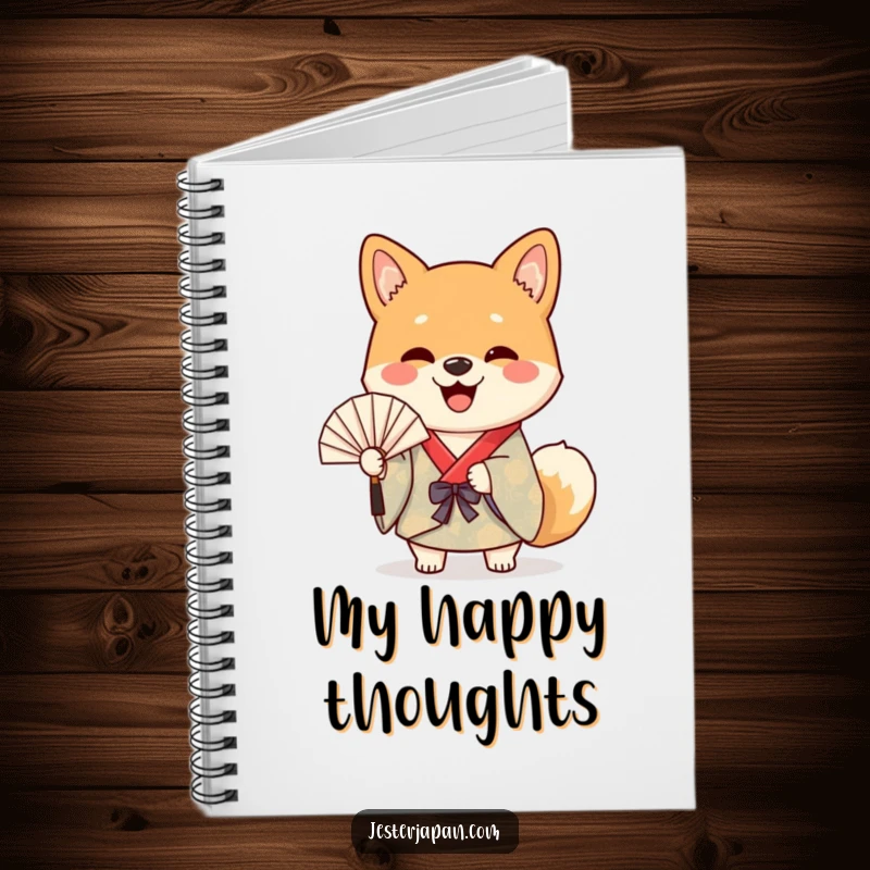 Funny notebook cover featuring a cheerful Shiba dog in a colorful kimono happily waving a paper fan, perfect for journaling.
