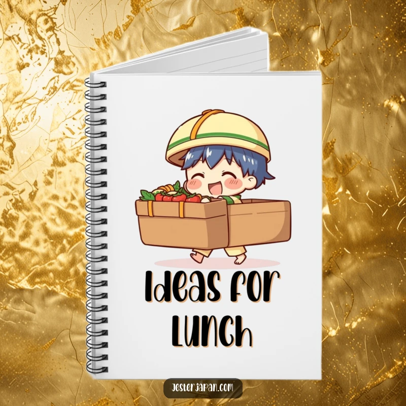 Funny notebook showing a character struggling to carry a massive bento box, perfect for jotting down foodie plans with a humorous spirit.