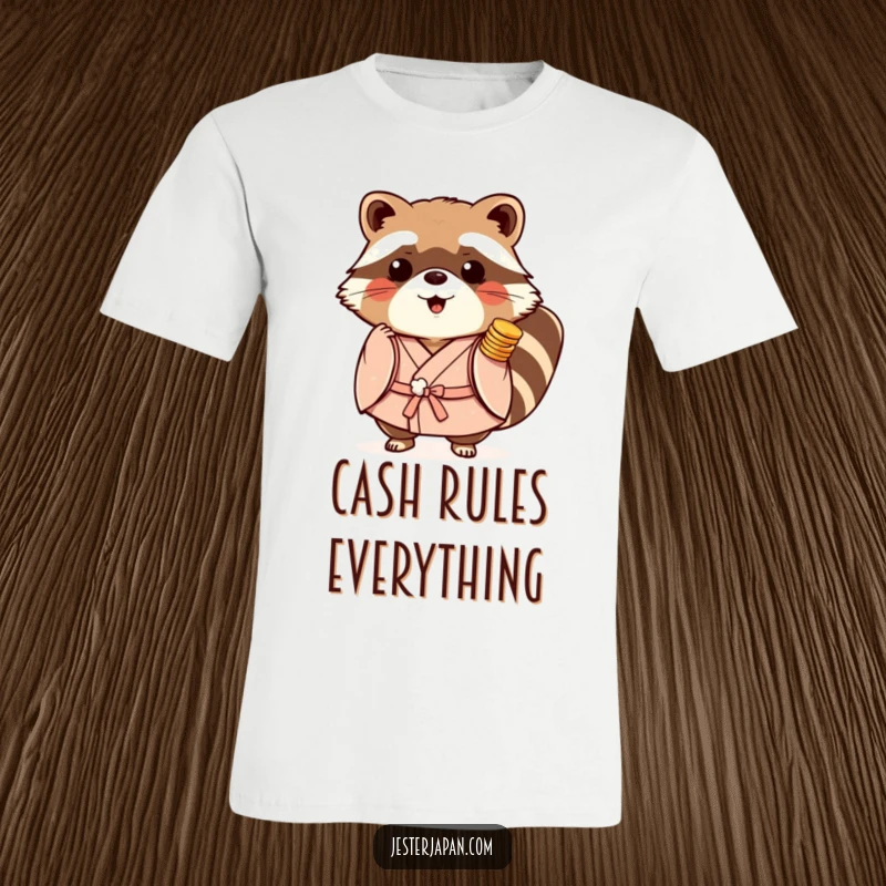Funny Tanuki Kimono T-Shirt depicting a cheerful raccoon dog in a kimono, proudly holding a tall stack of gold coins.